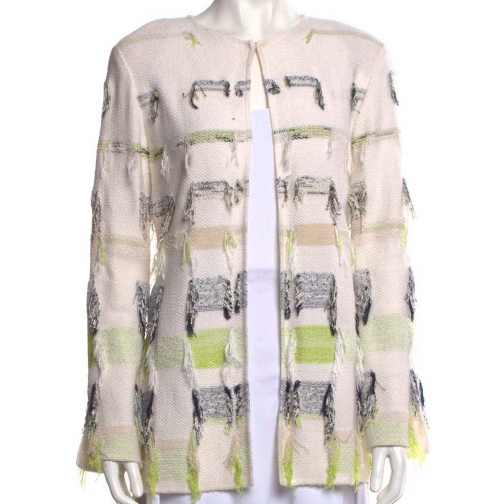 St. John Collection Fringe Trim Cream Green Black Cardigan Jacket - Sz. S